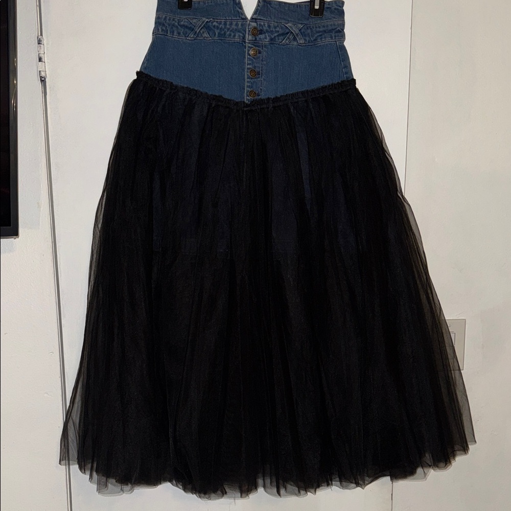Anthropologie Blue Denim and Black Tulle A-Line Skirt